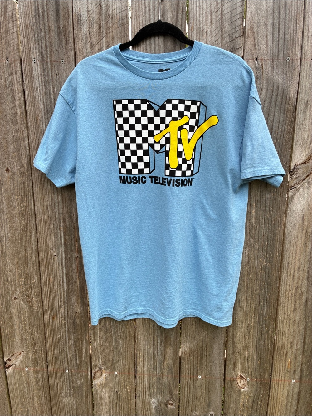 MTV Checkerboard Logo Tee in Light Blue with Yellow Accent
